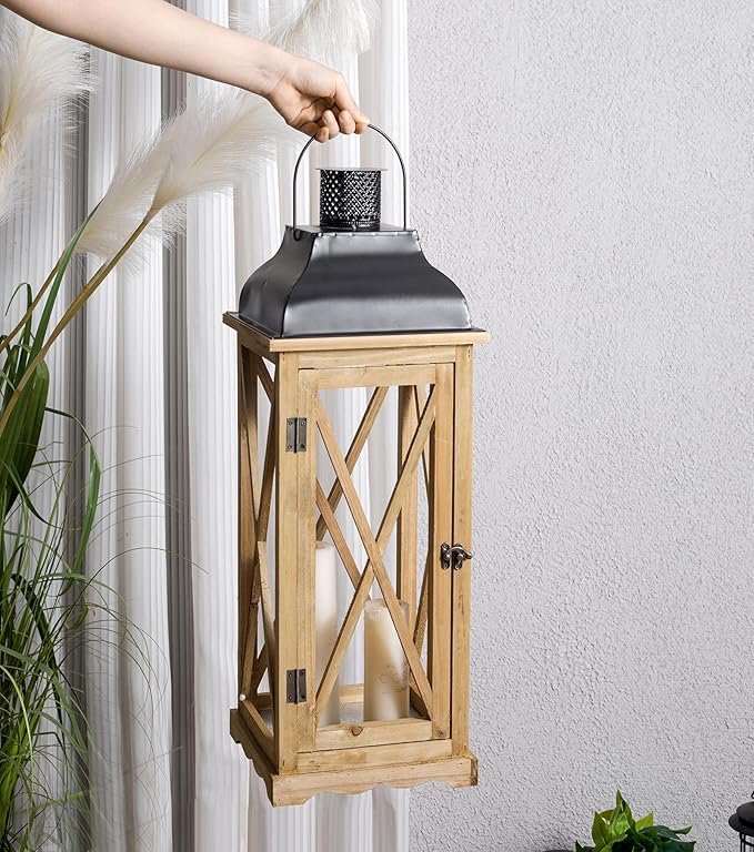 Farmhouse Wooden Metal Candle Lantern Set of 2, Rustic Large Decorative Floor Lanterns, Indoor/Outdoor Hurricane Lantern for Home Decor (No Glass)