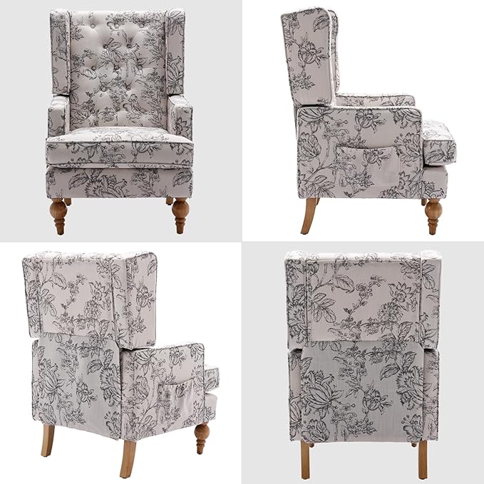 DUOMAY Tufted Accent Chair, Modern Linen Upholstered Wingback Side Arm Chair for Living Room Bedroom with Wood Legs, Comfy Reading Guest Chair for Office, Beige Flower Pattern