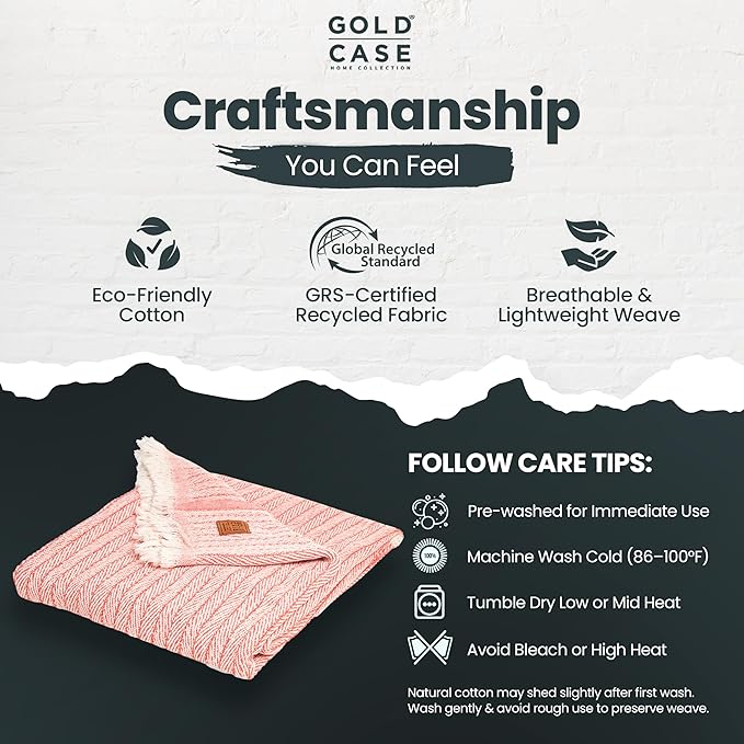 Gold Case Throw Blanket for Couch – 100% Recycled Turkish Cotton Blankets & Throws – Elegant Decorative Throw Blankets for Living Room Sofa – Woven Throws for Couch – Vintage Orange – 60x80