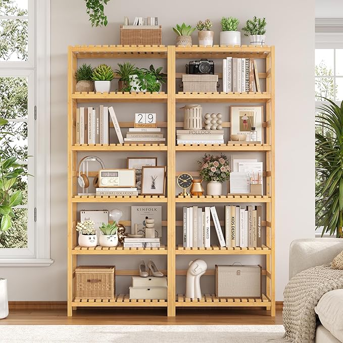 FOTOSOK 6-Tier Bamboo Shelf Set of 2, Bamboo Bookcase with Adjustable Shelves, Free Standing Storage Shelf Unit and Plant Flower Stand, Tall Large Bookshelf for Kitchen, Bathroom, Home Office, Natural