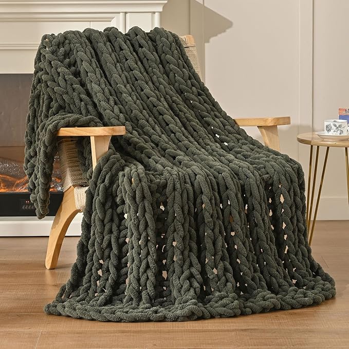 Esterra Chunky Knit Blanket Throw, 100% Handmade Chenille Throw Blanket 40"x50", Soft Thick Yarn Cable Knit Crochet Throw Blanket Rope Knot Throw for Couch Bed Sofa, Dusty Olive