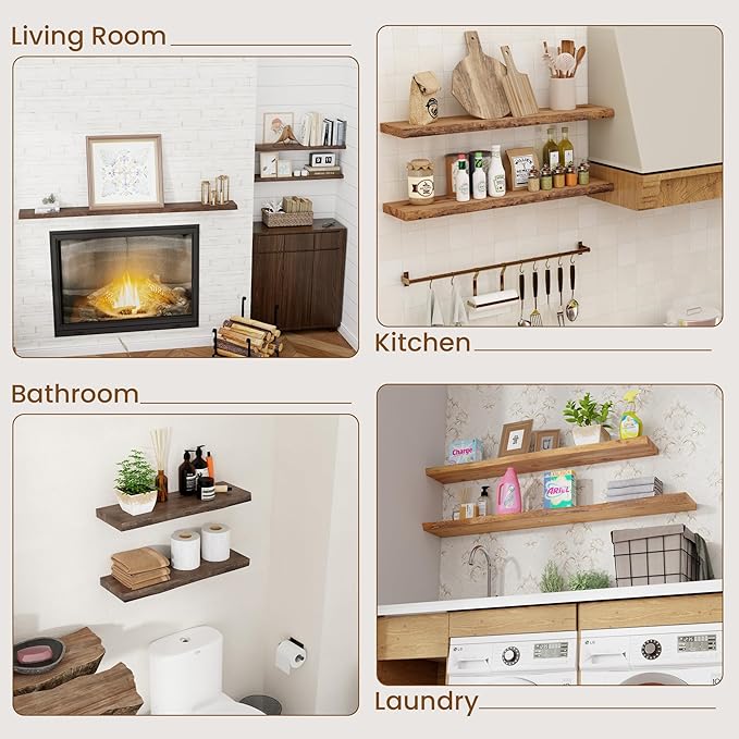 Floating Shelves for Wall Decor, Rustic Solid Elm Wood Live Edge Floating Shelves Wall Mounted, Wall Shelves with Invisible Bracket for Living Room Bathroom Bedroom Kitchen, 24 Inch Set of 2, Walnut