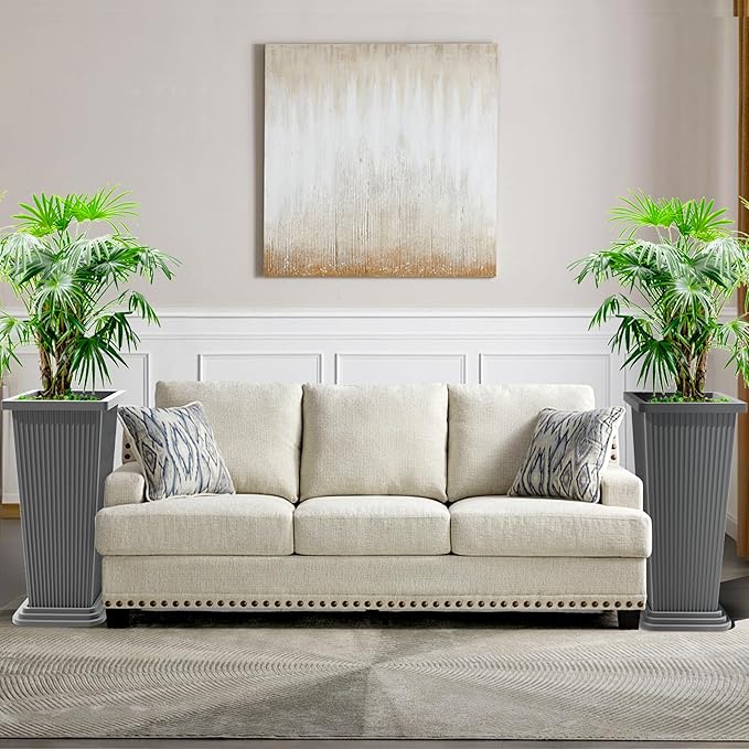 FENCY Set of 2 Tall Planters for Outdoor Plants, 24 Inch Large Tapered Pots with Drainage Trays, Weather-Resistant Plastic Plant Containers for Patio, Porch, Garden, Front Door Decor,Gray,Striped
