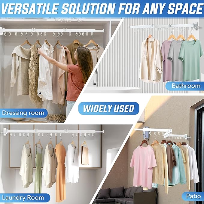 Clothes Drying Rack Wall Mounted Foldable, Retractable & Collapsible(Tri-Fold) Space-Saving Laundry Drying Rack for Indoor & Outdoor Use - Laundry Rooms, Bathroom & Balconies (White)