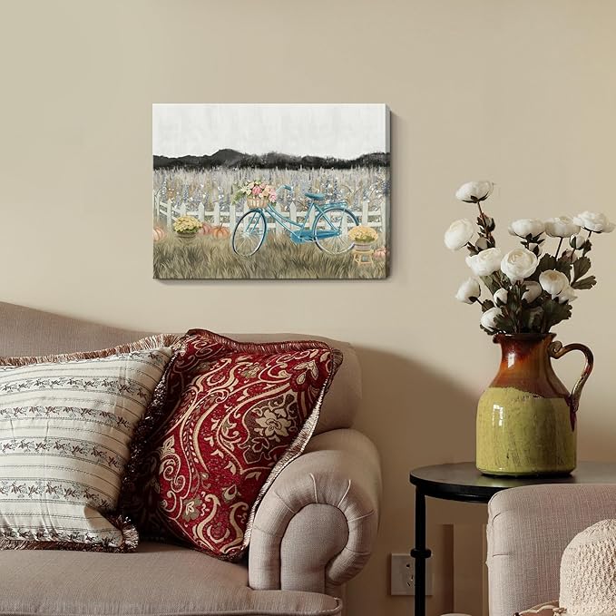Farmhouse Decor Bathroom Fall Wall Art Vintage Boho Landscape Nature Canvas Picture Mountains, Bicycle Lavender Flowers Floral Neutral Small Artwork for Modern Organnic Country Rustic Cottagecore Bedroom