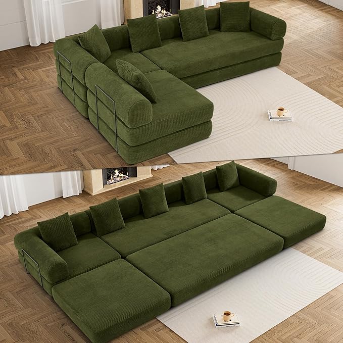 Convertible Sleeper Sofa Bed Set with Pillow, 4-in-1 Corduroy Folding Mattress Boneless Couch with Fixed-Shape Frame, Fold Out Floor Sofa Cama Lounge Couch for Living Room, Olive Green