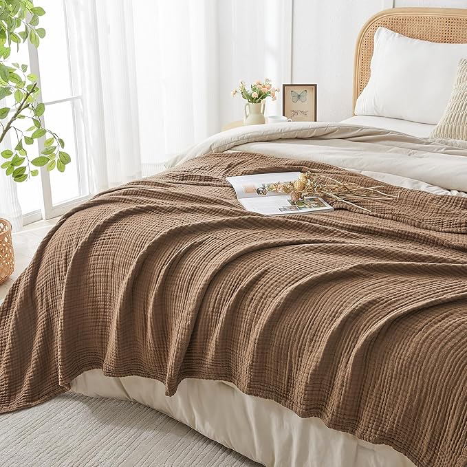 EMME Cotton Muslin Queen Blanket Bed Layering Breathable Gauze Blanket Soft Lightweight Blankets Adults (Brown, 90"x90")