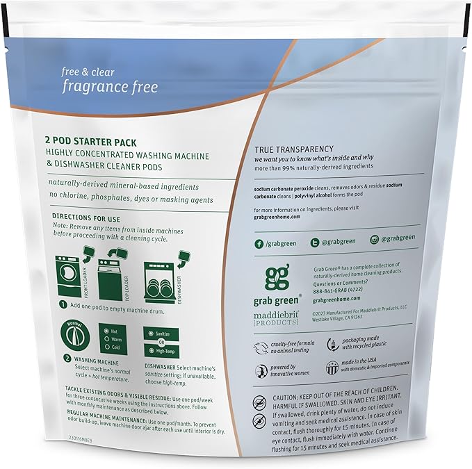 Grab Green Washing Machine Cleaner, 2 Count, Fragrance Free, Mineral Based Removes Deposits and Odors, Naturally Cleans