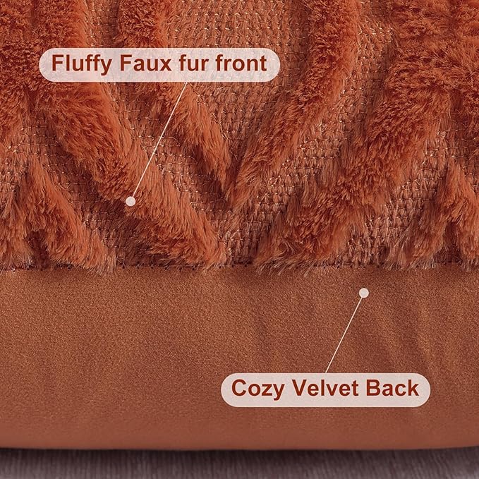 decorUhome Fall Throw Pillow Covers 22x22 Inch Set of 2, Soft Plush Decorative Faux Fur Rust Solid Couch Pillow Covers, Accent Farmhouse Neutral Square Euro Pillow Cases for Sofa Bed Living Room