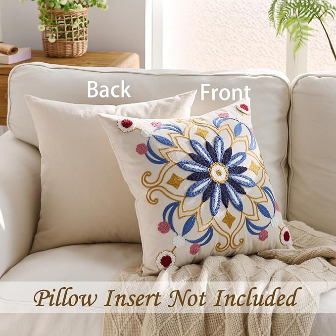 Embroidered Throw Pillow Cover 18x18 Classic Boho Floral Pattern Pillows Cover Outdoor Decorative Pillowcase,Durable Cozy Textured Cushion Case for Sofa Couch Bed Living Room,Blue