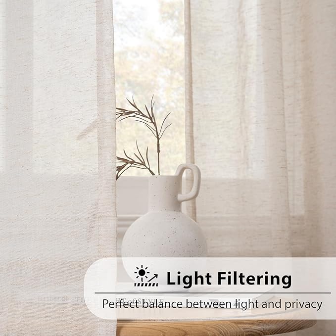 FMFUNCTEX Linen Sheer Curtains for Bedroom, Taupe Curtains 96 inches Long for Living Room, Brown Farmhouse French Flax Blend Window Draperies, Rod Pocket 2 Panels Set