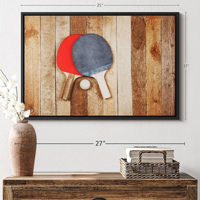 ElephantStock Ping Pong Wall Art - Horizontal Framed Canvas - 1-Piece Living Room Wall Decor - Photography Canvas Print - Brown and Red Decor for Wall - 25" X 17"