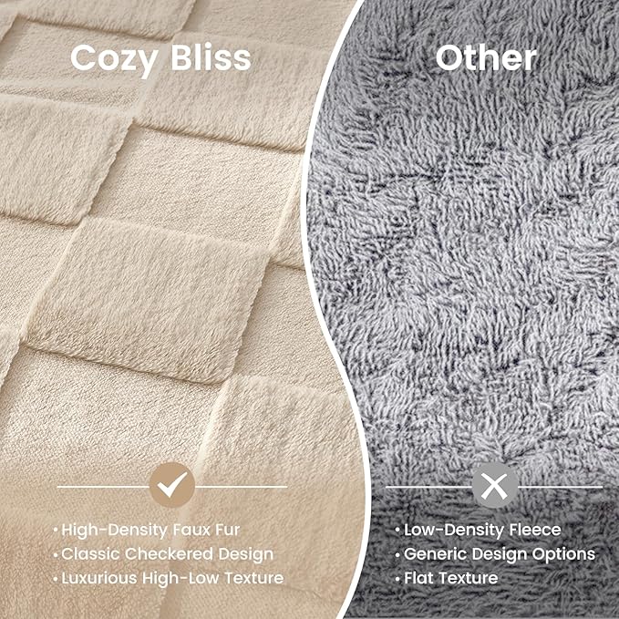 Cozy Bliss Tan Checkered Large Faux Rabbit Fur Twin Bed Blanket, Soft Fuzzy Fluffy Minky Furry Blankets for Couch, Bed, Adults (60 * 80 Inches Beige)
