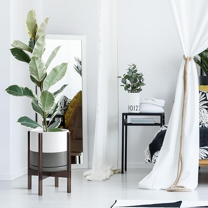 D'vine Dev Ceramic Planter with Walnut Color Stand - 10 Inch Modern Round Flower Pot with Wood Planter Holder, White/Grey, 55-B-X-6