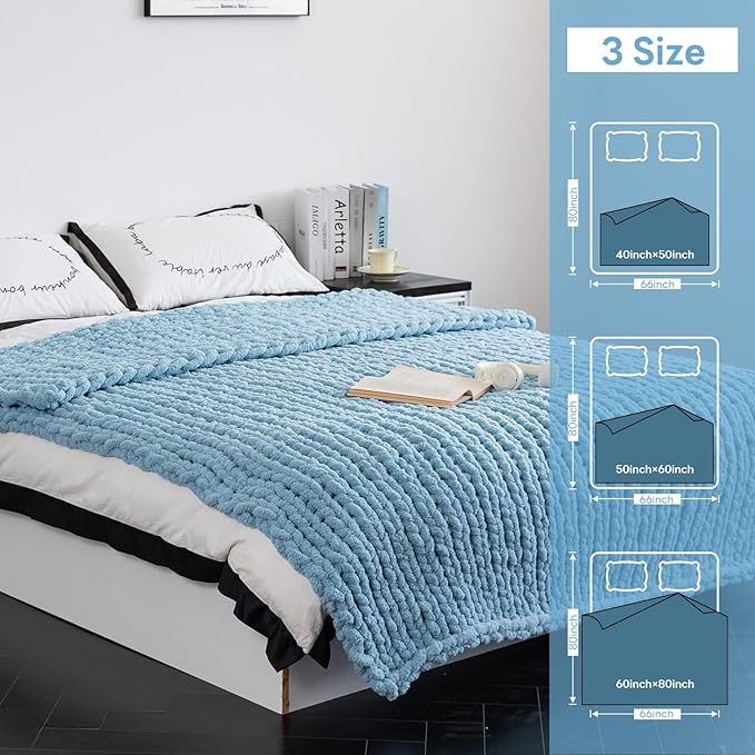 Chunky Knit Blanket - Luxury Soft Cozy 40 * 50 Throw Blanket,100% Woven Blanket Rope Knot Throw Blanket for Couch, Sofa, Home Decor, Gift - Machine Washable（Light Blue）