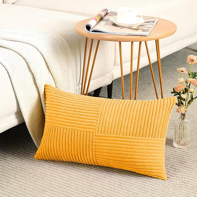 Fancy Homi 2 Packs Gold Yellow Lumbar Decorative Throw Pillow Covers 12x24 Inch for Couch Bed Sofa, Rustic Farmhouse Boho Spring Home Decor, Soft Striped Corduroy Rectangle Accent Cushion Case 30x60cm