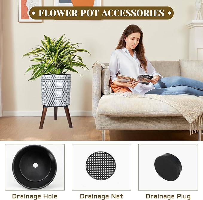 Flower Pot with Legs Tall Flower Pot with Drainage Holes for Indoor and Outdoor Decorative Planting (White Black Honeycomb, 12 Inches)
