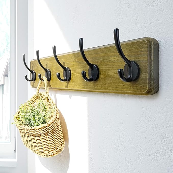 Dseap Coat Rack Wall: Patented, Heavy-Duty, 5-Double-Hooks Wooden Wall Mounted Coat Rack Coat Hanger Hook Rail for Winter Coats Hat Jacket Clothing, Weathered Green, Pack of 2