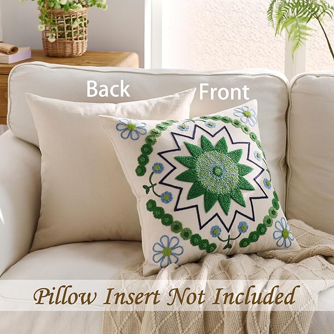 Embroidered Throw Pillow Cover 18x18 Classic Boho Floral Pattern Pillows Cover Outdoor Decorative Pillowcase,Durable Cozy Textured Cushion Case for Sofa Couch Bed Living Room,Green