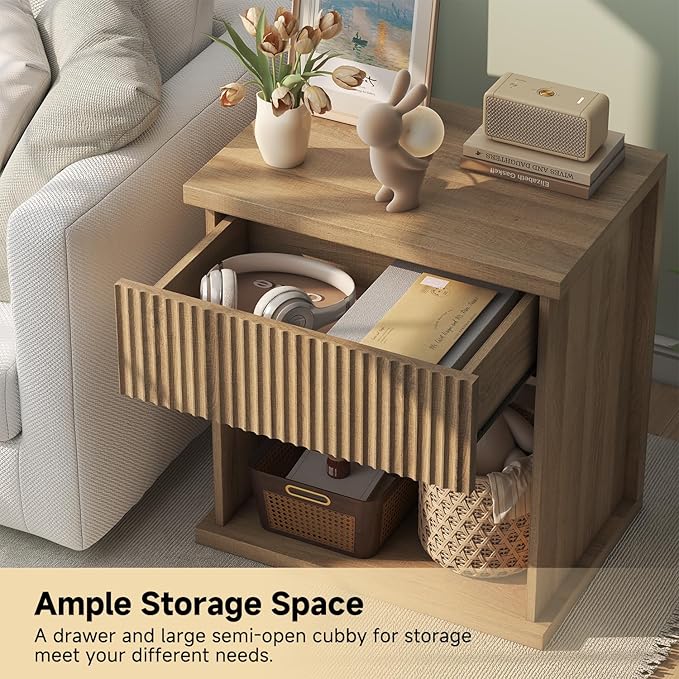 Fluted Nightstand Set of 2, 22.8" Wide Nightstands with Drawer Storage Large Wood BedsideTable Night Stands for Bedroom, Natural Oak