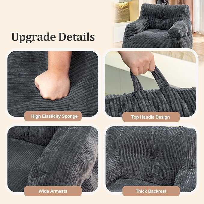 Giant Bean Bag Chair, Faux Fur Large Bean Bag Chair for Adults, Fluffy and Comfy Giant Bean Bag Chair with Filler, Big Bean Bag Sofa Chair for Reading, Gaming, Grey