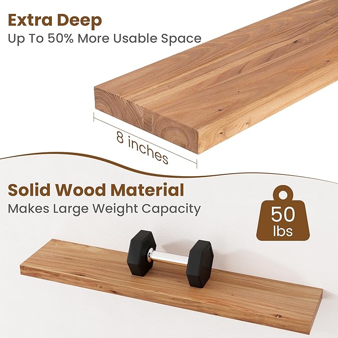 Floating Shelves for Wall Decor, 8" Deep Rustic Solid Elm Wood Floating Shelves Wall Mounted, Wall Shelves with Invisible Bracket for Living Room Bathroom Bedroom Kitchen, 36 Inch Set of 2, Natural