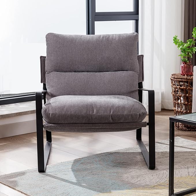 DUOMAY Modern Accent Arm Chair Set of 2, Comfy Linen Lounge Lazy Chair with Metal Leg, Mid-Century Corner Chair for Living Room Bedroom Office Apartment, Grey