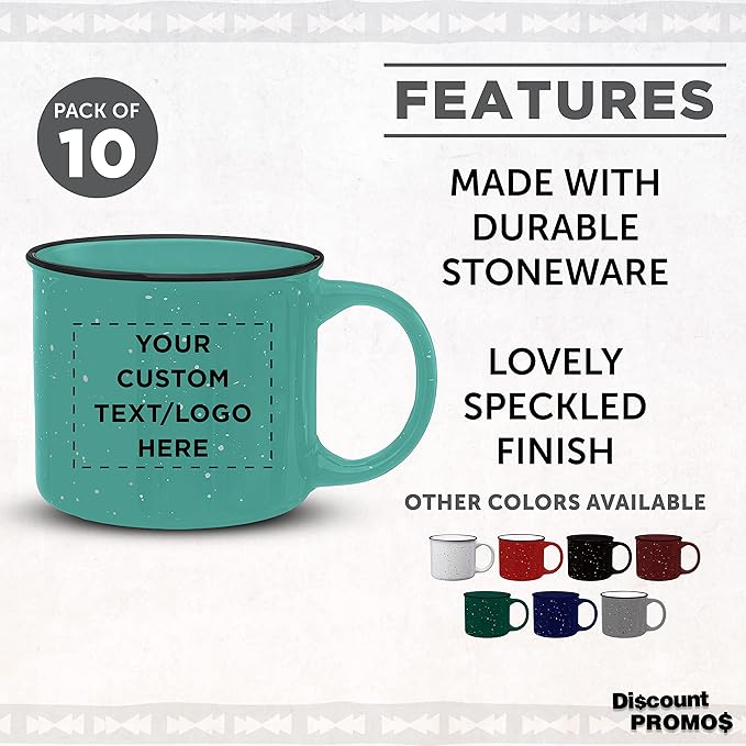 DISCOUNT PROMOS Custom Ceramic Campfire Coffee Mugs 13 oz. Set of 10, Personalized Bulk Pack - Perfect for Tea, Espresso, Cappuccino, Hot Cocoa - Mint