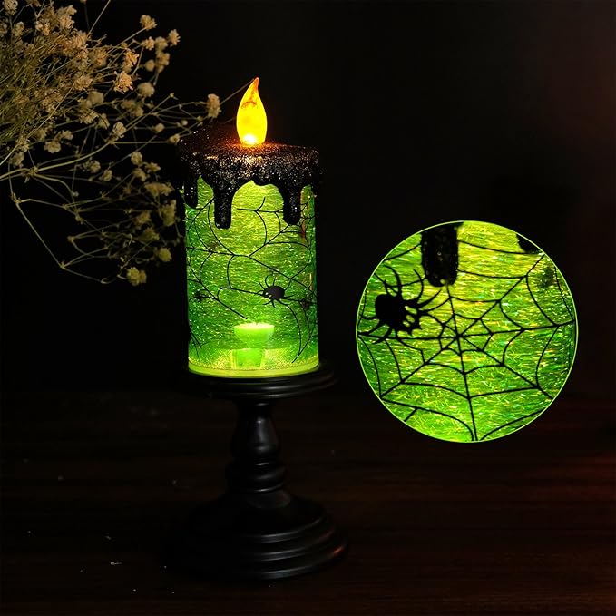 Eldnacele Halloween Snow Globe Candles Lighted Lamp, Battery Operated Spooky Spinning Water Glittering Tornado Candle Flameless Candles Table Centerpiece for Halloween Decoration Indoor(Spider)
