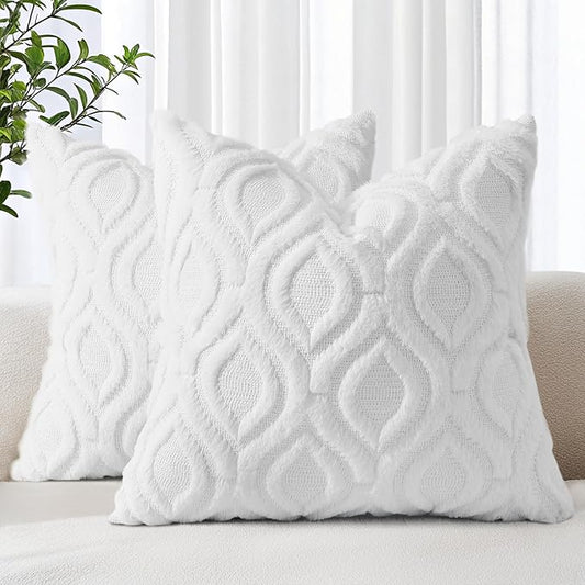 decorUhome Fall Throw Pillow Covers 16x16 Inch Set of 2, Soft Plush Decorative Faux Fur White Solid Couch Pillow Covers, Accent Farmhouse Neutral Square Euro Pillow Cases for Sofa Bed Living Room