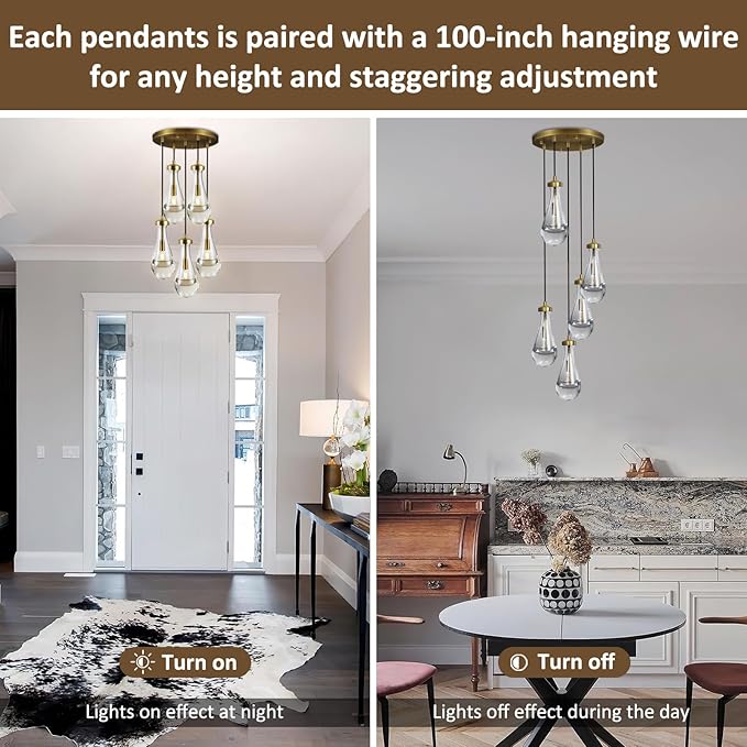 Gold 5 Light Cluster Pendant Lighting, Raindrop Chandeliers Brass Dining Room Lights Fixture, Teardrop Pendant Lights Kitchen Island, Hanging Lamp Ceiling for Entryway Foyer Staircase