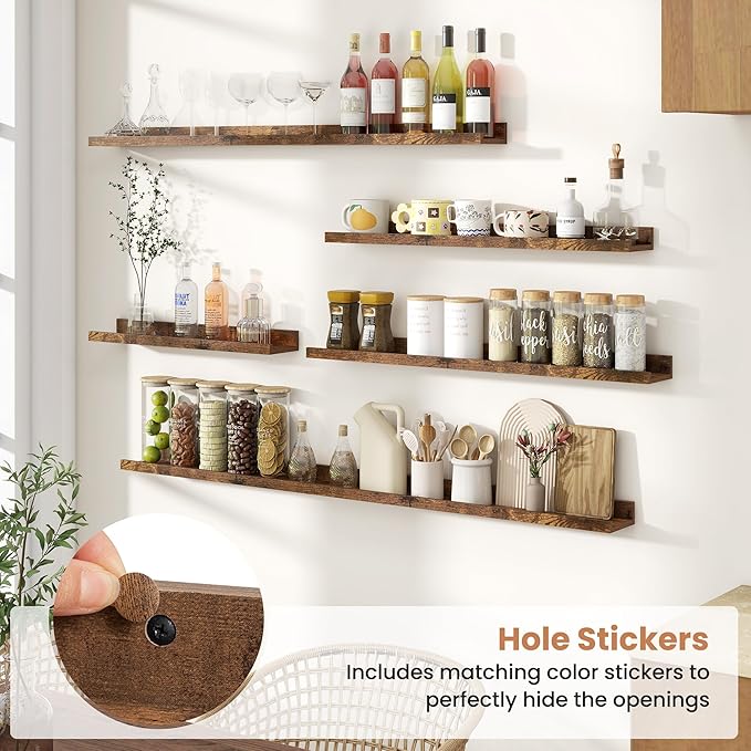 Fun Memories Picture Ledge Shelves Set of 2, 55 Inch Rustic Wall Mounted Floating Shelves with Lip for Home Storage and Décor in Bathroom, Kitchen, Nursery, Bedroom, Living Room, Brown