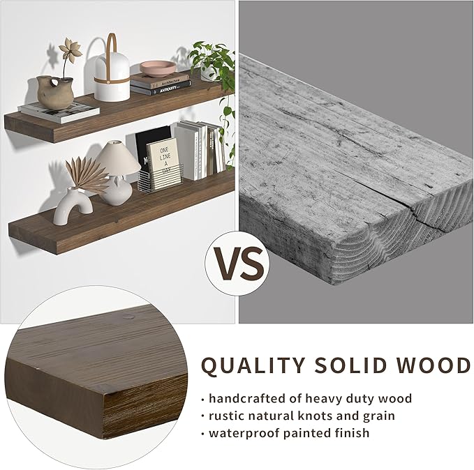 Floating Shelves for Wall, USA-Sourced Fir Wood 36 Inch Wall Shelves Set of 2, Natural Rustic Solid Wooden Floating Shelves Wall Mounted, Nursery Book Storage Shelf, Display Shelf for Bathroom