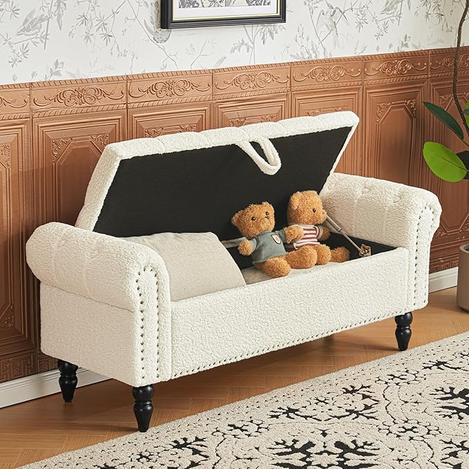 Furniliving Modern Storage Ottoman Bench, Sherpa Ottoman End of Bed Bench with Solid Wood Legs Upholstered Ottoman Benches with Storage Indoor Bench for Living Room with Rolled Arm, Entryway, White