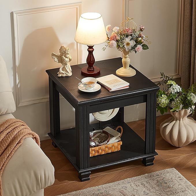 Farmhouse End Table,Large Side Table with 2-Tier Storage Shelf,Rustic Wood End Tables for Living Room,Square Tea Table,Black