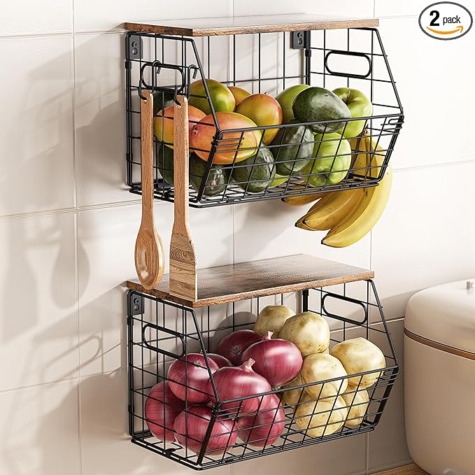 Delamu 2-Pack Stackable Metal Fruit Basket with Wood Lid-Wall Mounted & Countertop Organizer for Kitchen,Pantry- Ventilated Storage for Onions,Potatoes,Fruits,Spices (12"x 8"x 8-5/16")