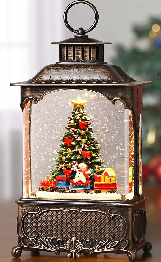 Christmas Tree Snow Globe Lantern Christmas Decorations Gifts Auto Snowfall Glitter Music Collection Snowman Train Candy Cane with 6H Timer USB/Battery Powered 10.2 inch