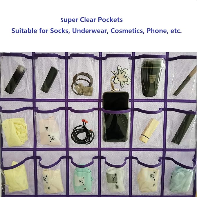 Classroom Pocket Chart for Phone Calculator Holder Over The Door Hanging Closet Jewelry Organizer with 30 Clear Pockets (Purple)