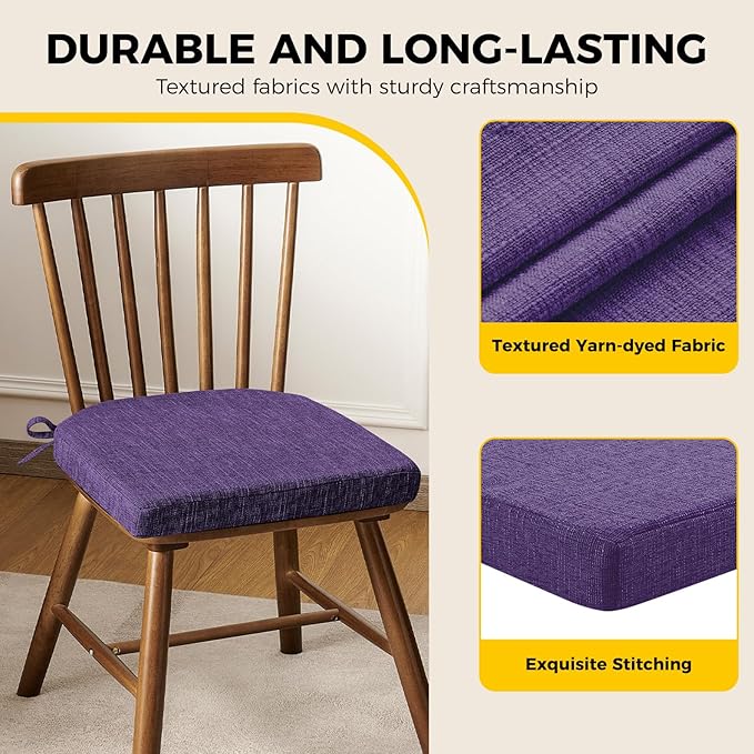 downluxe Indoor Chair Cushions for Dining Chairs, Soft and Comfortable Textured Foam Kitchen Chair Pads with Ties and Non-Slip Backing, 16" x 16" x 2", Purple, 4 Pack