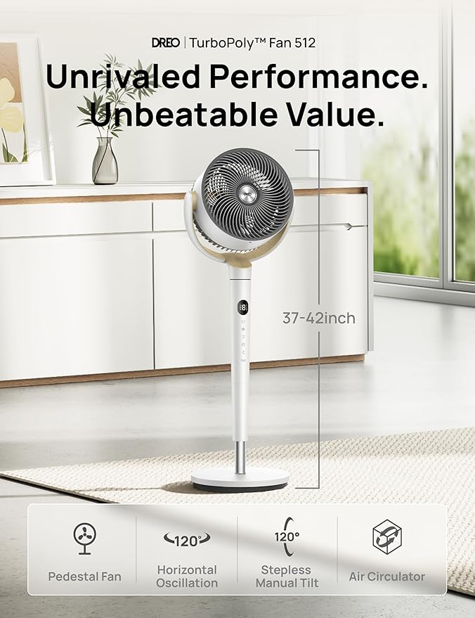 Dreo Fan for Bedroom, 120° Oscillating Standing Fan, Quiet Pedestal Fan with DC Motor, 9 Speeds, 4 modes, 20dB, 120° Manual Vertical, 37-42" Adjustable Height, 9H Timer, White