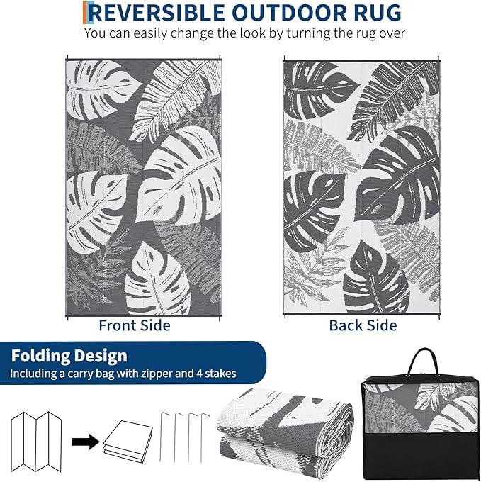 GAOMON Outdoor Rug 9x18 Waterproof Patio Rugs Reversible Outdoor Plastic Straw Rug Camping Mat, Foldable Portable RV Picnic Carpet with Bag & 4 Stakes, UV Resistant Carpet for Deck Balcony, Grey