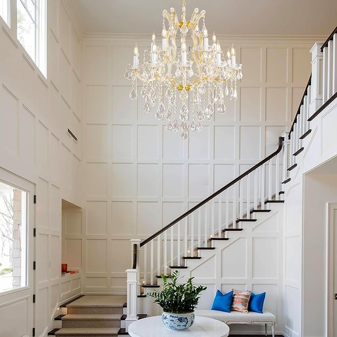Crystal Chandelier for High Ceilings, Gold Chandelier, 15 Lights Modern Gold Crystal Chandeliers, Large Chandeliers for Staircase Foyer Entryway Living Room, 2 Layers