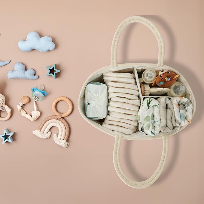 Diaper Caddy Organizer Cotton Rope Baby Basket Nursery Storage and Portable Tote Bag for Car Ideal Baby Shower Gifts and Registry Must-Have for Newborn Essentials Large beige