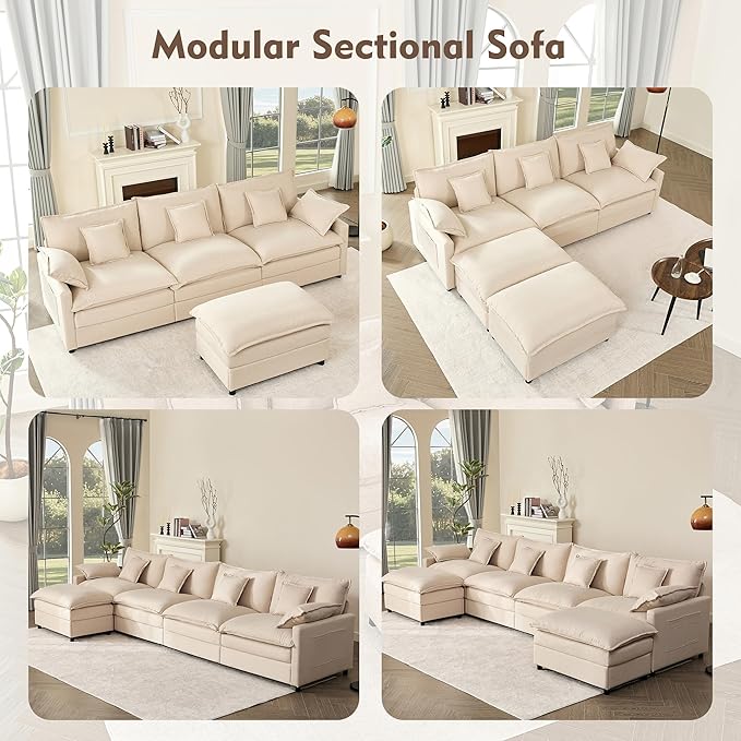 108" U Shaped Couch, Modular Sectional Sofa, 3-Seater Comfy Cloud Couch with Movable Ottoman, Deep Seat Couches for Living Room, Linen, Beige