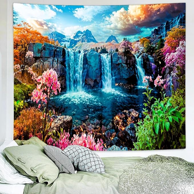 Delur Waterfall Tapestry Tropical Forest Mountain Sunset Tree Wall Hanging Tapestry Scenic Rainforest Landscape Nature Sunrise Headboard for Bedroom Living Room Home Decor (51.2" x 59.1")