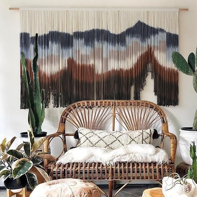 Flber Large Macrame Wall Hanging 57" W x 31" L Handmade Dip Dye Tapestry Bohemian Fiber Art Wall Hanging Mountain Inspired Wall Tapestry Neutral Rustic Wall Decor for Bedroom Living Room