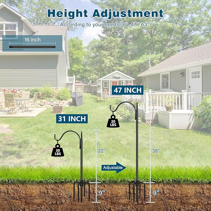 Gtongoko 47 inch Small Shepherds Hooks for Outdoor with 5 Prongs, Adjustable Bird Feeder Pole Garden Hooks for Hanging Lanterns, Plants Baskets, Hummingbird Feeders, 2 Pack