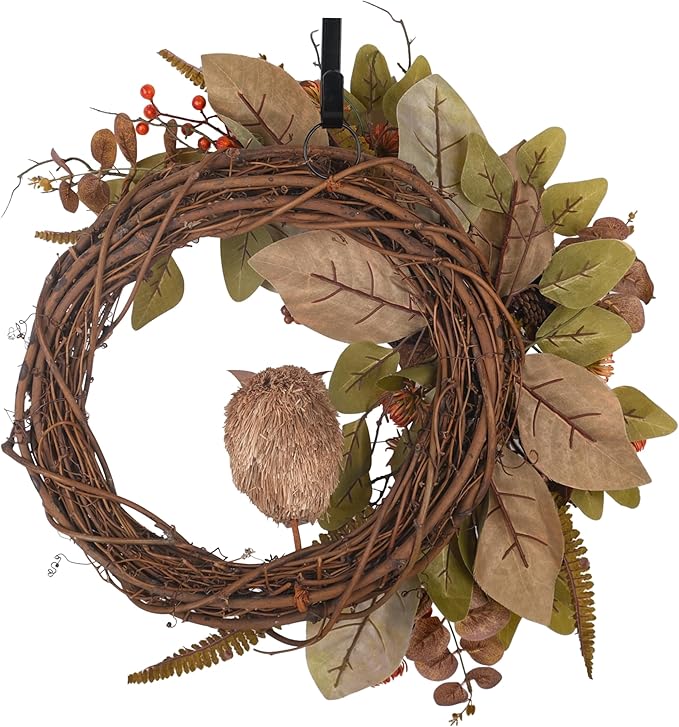 Fall Owl Wreath for Front Door 24 Inch, Autumn Natural Pine Cones Faux Eucalyptus Magnolia Leaf Berry Wreath, Fall Decor for Home Farmhouse Door Wall Window Porch Indoor/Outdoor