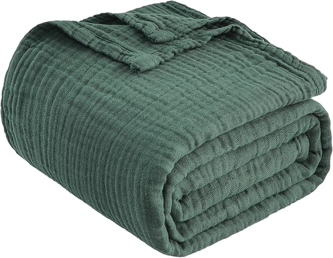 EMME Cotton Muslin King Blanket Bed Layering Breathable Gauze Blanket Soft Lightweight Blankets Adults (Forest Green, 108"x90")