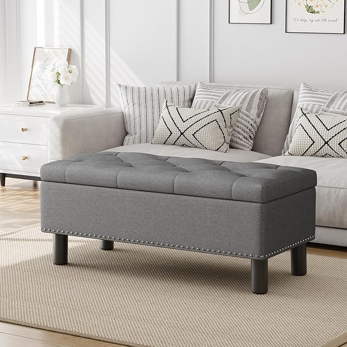 Furniliving Ottoman Bench with Storage, Folding Storage Ottoman Bench with Wood Legs, Upholstered Bedroom Bench with Button-Tufted, Entryway Bench Storage Bench for Bedroom, Linen (Darkgrey)